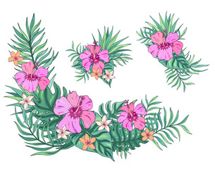 Tropical bouquet with plumeria, hibiscus and palm leaves. Vector isolated illustration on white background. Exotic set tropical garden for wedding invitations, greeting card and fashion design.