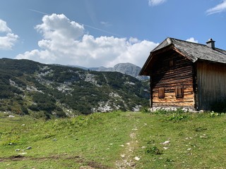 Wooden cottage in Alps mountains