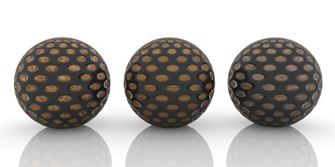 Three wooden balls in metal casing