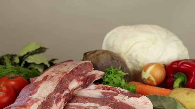 Ingredients for preparing a traditional Russian dish - borsch, close-up