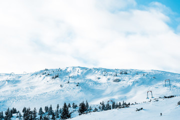 Fototapeta premium Scenic view of snowy mountain with pine trees in white fluffy clouds