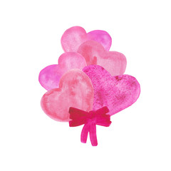 watercolor hearts tender pink bouquet with bow composition elements on a white background.