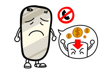 Smartphone needs more money refill to use internet and calling. Concept hand draw line art of cell phone and coins to top up. Vector illustrator with layers.