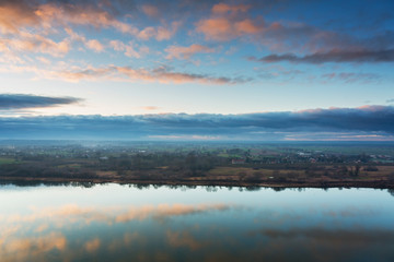 Beautiful sunset reflcted in Vistula River, Grudziadz. Poland