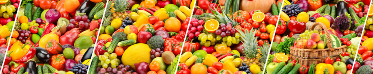 Wide background healthy fresh vegetables, fruits and berries.