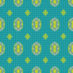 Ornate oval diamond vector seamless pattern in chartreuse and teal. Intricate, hand drawn elements formed in a brick repeat pattern with graph background. All colors are editable.