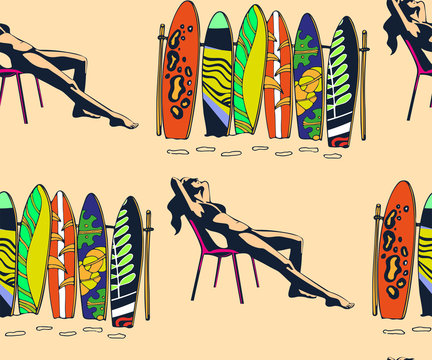 Beautiful woman tanning, with sunglasses, hat, at the beach, retro style. Pop art. Summer holiday. Vector seamless pattern illustration
