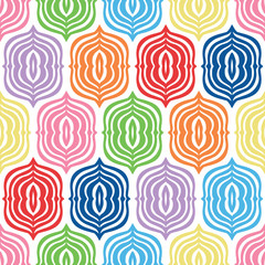 Multi color neutral gender ogee brackets vector seamless pattern. I can picture this bright pattern on a playroom wall, in a neutral gender baby nursery, and also as bedding for a teen.