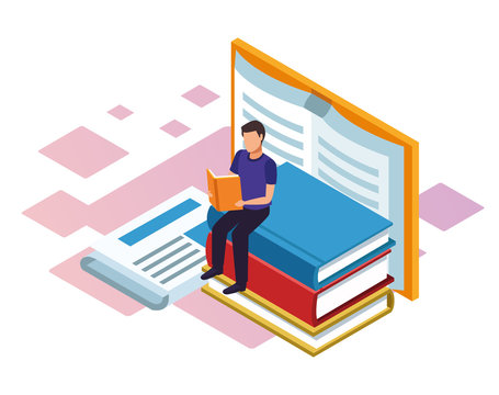 man reading a book with big books around, colorful design