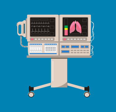 Reanimation Equipment For Unconscious Patients. Intensive Care Unit Clinic With Air Oxygen Sensor For Medical Ventilation. Emergency Apparatus Or Surgeoning In Operating Room.