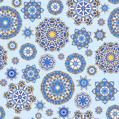 Seamless ornamental oriental pattern. Repeating geometric tiles with mandala. Vector laced decorative background with floral and geometric ornament. Indian or Arabic motive. Boho festival style