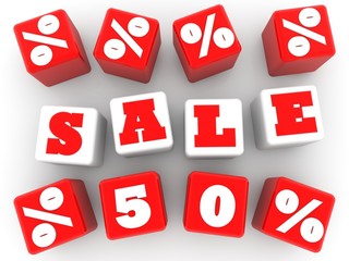 Sale 50% concept on toy blocks between percent marks