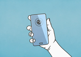 Hand holding smart phone with retina scan