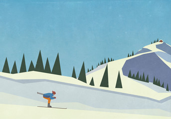 Downhill skier descending snowy mountain slope