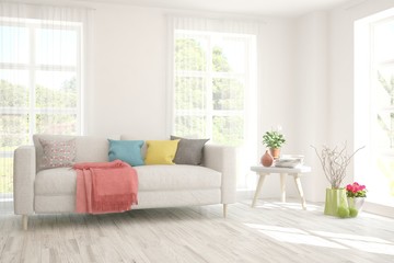 Stylish room in white color with sofa. Scandinavian interior design. 3D illustration