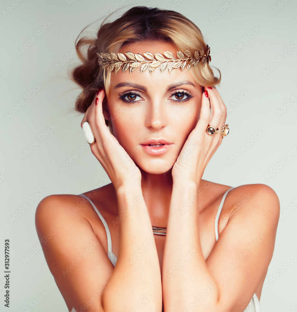 Canvas Prints young blond woman dressed like ancient greek godess, gold jewelry close up isolated, beautiful girl hands manicured red nails