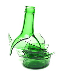 Glass shards, broken wine bottle isolated on white background