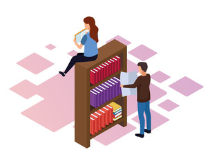 bookshelf with woman and man around