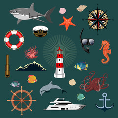 Obraz na płótnie Canvas Set of color vector marine images. Underwater world. Lighthouse, ship steering wheel, rocks, captain's cap, spyglass.