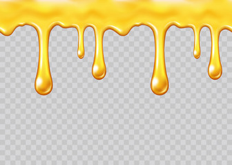 Stoffe zum Nähen Honey drip seamless pattern isolated on transparent background. Golden caramel, orange confectionery syrup or sauce. Vector melted bee nectar border template..