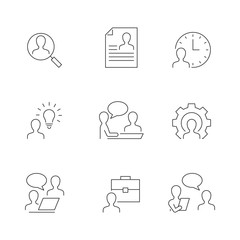 Head hunting line icons on white background. Find candidate, interview and other icons of human resources. Editable stroke