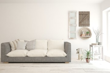 Stylish room in white color with sofa and home decor. Scandinavian interior design. 3D illustration