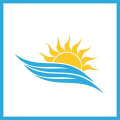 Wave and sun vector logo template. Sunset line icon. Sunrise logo.