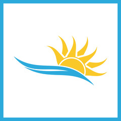 Wave and sun vector logo template. Sunset line icon. Sunrise logo.