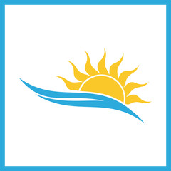 Wave and sun vector logo template. Sunset line icon. Sunrise logo.