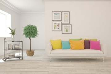 Stylish room in white color with colorful sofa. Scandinavian interior design. 3D illustration