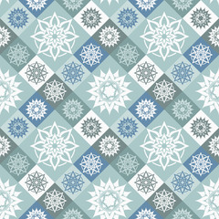 Abstract blue geometric seamless pattern with flowers and stars.