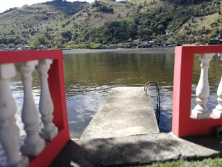 dock view with mountains in the background
