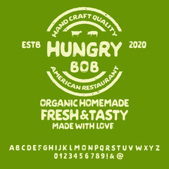 Hand drawn font for cafes, bars, restaurants where meat is eaten. Brazier, blood, grill, open fire inspired typeface. Textured unique script style alphabet. Letters and numbers. Vector Illustration.