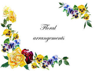 Pansy and roses watercolor curved corner garland  elements with leaves and blossoming flowers blue, yellow and dark red color