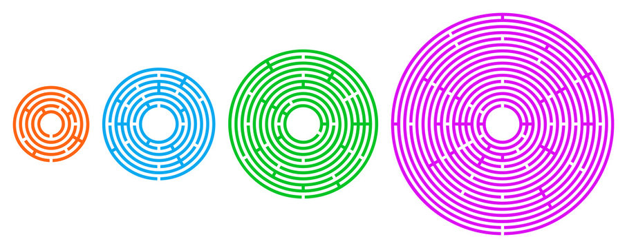 Four colored circular mazes in different sizes. Radial labyrinths in orange, blue, green and pink color on white background. Find a route from the entrance to the centre. Illustration. Vector.