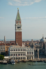 Venice (Italy) in the morning sun: Aerial view of Campanile and Piazzetta at the Piazza San Marco (St Mark's Campanile, Italian: Campanile di San Marco)