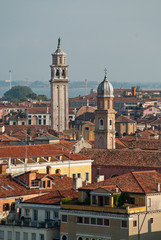 Venice, Italy: aerial view of the district Dorsoduro, bell towers of the churches 