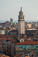 Fototapeta na wymiar Venice, Italy: aerial view of the district Dorsoduro, bell tower of the church 
