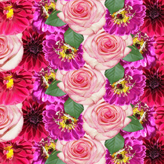 Beautiful floral background of roses, zinnias and dahlias. Isolated