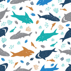 Vector white colourful cute shark pen sketch rows 01 repeat pattern. Perfect for fabric, scrapbooking and wallpaper projects.