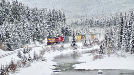 Freight Train rumbles around the Morant's Curve along the Bow River near Lake Louise, Banff, Alberta, Canada. 