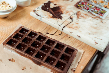 selective focus of chocolate molds with melted chocolate