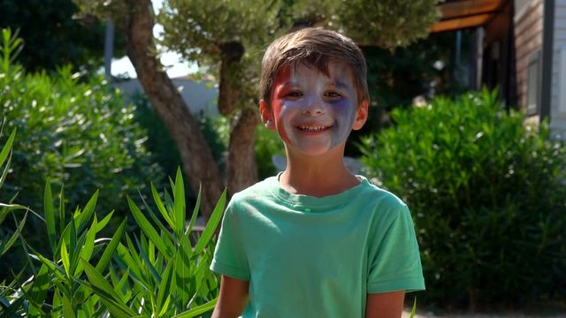 Boy is a fan of the French team, with make-up in the form of a French flag