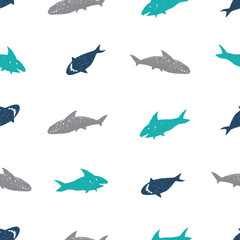 Vector white simple cute shark pen sketch repeat pattern. Great for baby apparel fabric.