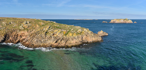 Panoramic view at islets Cenis at left and Guric at right from western coast of Houat island in French Brittany.