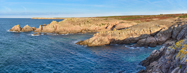 Panoramic view of rocky coastline in southwestern part of Houat island in French Brittany.