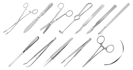 Surgical instruments. Different types of tweezers, scalpels, Liston s amputation knife clip with fastener, straight scissors, Folkmann s jagged hook, Meyer s forceps, surgical needle, Langenbeck saw