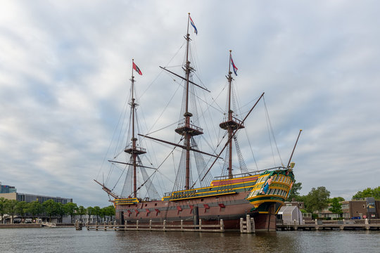 Replica 17th Century Sailing Ship Near Maritime Museum Amsterdam