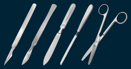 A set of surgical cutting tools. Reusable scalpel, delicate scalpel with removable blade, amputation knife Liston, metacarpal saw, scissors straight with blunt ends. Vector illustration