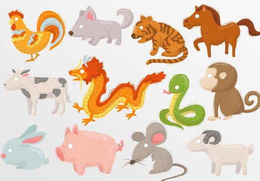 Chinese Zodiac Animal Illustrations with Cute Painted Style